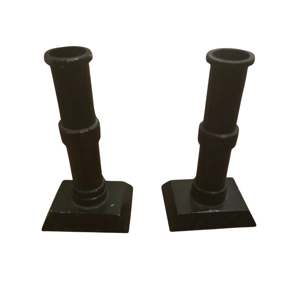 Primitive Farmhouse Black Cast Metal Column Candlestick Holders Industrial Decor